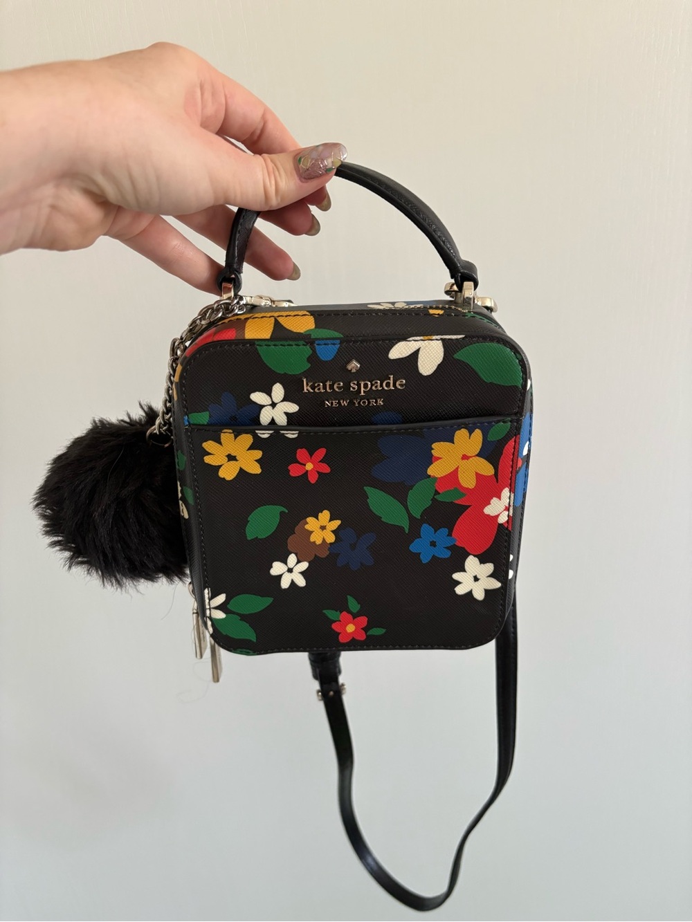 kate spade Black small Floral Square Crossbody Bag with Pom Charm